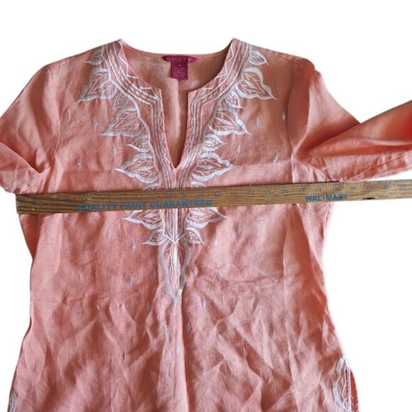 Sunny Leigh Linen Boho Embroidered Tunic Top Peach Sz M Kurta Style Resortwear - Picture 13 of 16